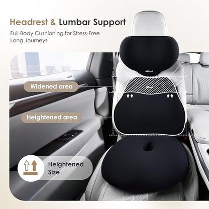 FLORICH Car Seat Cushion & Lumbar Support Pillow & Car Neck Pillow, Ergonomic Memory Foam Driving Seat Cushion for Back & Sciatica Pain Relief, Non-Slip Washable Cushion for Car, Driver, Office-Black