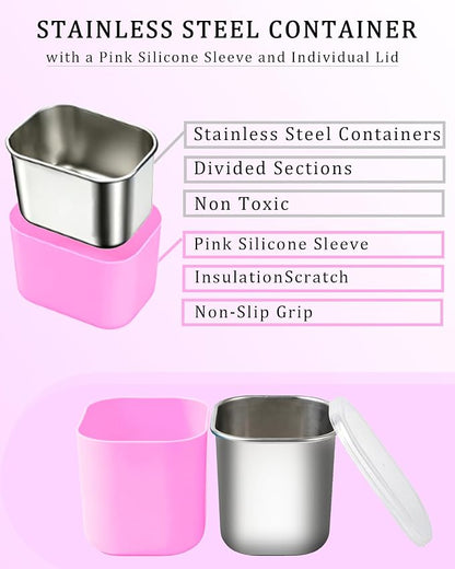 Snackle Box Container, Stainless Steel Divided Serving Tray with Lid and Handle, Large Snack Tray for Fruit Veggie Candy, 8-Compartment Snack Platter for Travel Beach Picnic,with Pink Silicone Sleeve