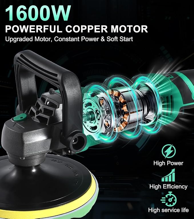 ZOTA Buffer Polisher, 1600W 7 Inch/6 Inch Pure Copper Motor Car Buffers and Polishers Kit, 7 Variable Speeds 1000-3500 RPM Car Polishers and Buffers, Ultra-long Cord for Car Boat Polishing Waxing.