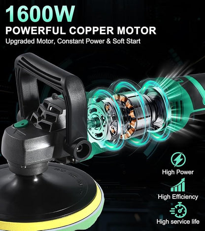 ZOTA Buffer Polisher, 1600W 7 Inch/6 Inch Pure Copper Motor Car Buffers and Polishers Kit, 7 Variable Speeds 1000-3500 RPM Car Polishers and Buffers, Ultra-long Cord for Car Boat Polishing Waxing.