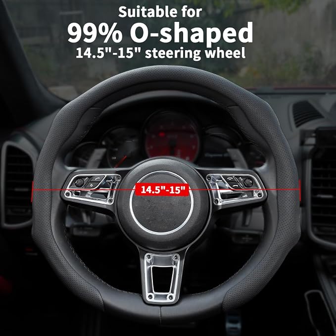 Nappa Leather Car Steering Wheel Cover Non Slip Vehicle Steering Wheel Cover Trim Protector, Quick Install Comfy Automotive Interior Decor, Universal fit 14½ to 15 inches Car Pickup SUV