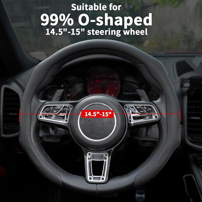 Nappa Leather Car Steering Wheel Cover Non Slip Vehicle Steering Wheel Cover Trim Protector, Quick Install Comfy Automotive Interior Decor, Universal fit 14½ to 15 inches Car Pickup SUV