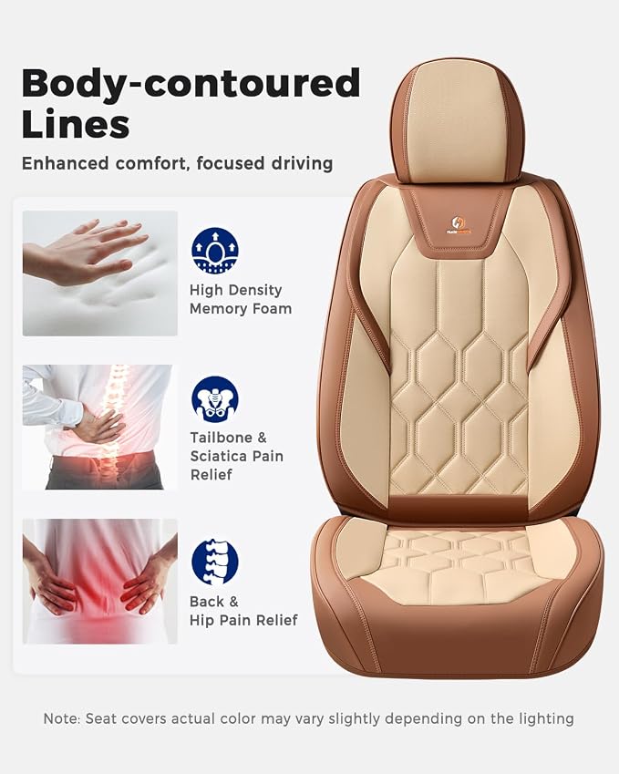 Huidasource Front Seat Covers, Universal Fit for Most Cars SUV Trucks, Full Coverage Leather Seat Cover, Airbag Compatble, Seat Function Retain, Storage Pocket Design, Easy to Install, Brown & Beige