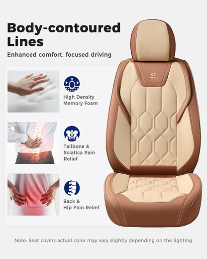 Huidasource Front Seat Covers, Universal Fit for Most Cars SUV Trucks, Full Coverage Leather Seat Cover, Airbag Compatble, Seat Function Retain, Storage Pocket Design, Easy to Install, Brown & Beige
