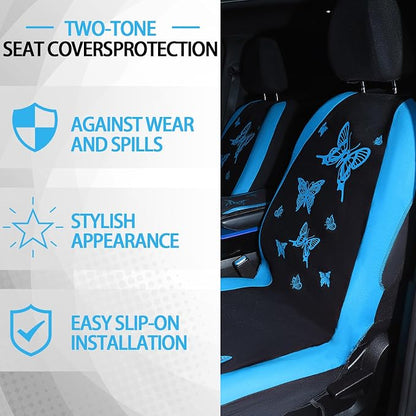 BBTO 43 Pcs Butterfly Car Seat Full Set Butterfly Car Accessories for Women 5 Front Rear Seat Covers Wrist Strap 2 Pcs Cup Mat Armrest Pad 2 Belt Xmas Cover Accessories for SUV(Light Blue, Black)