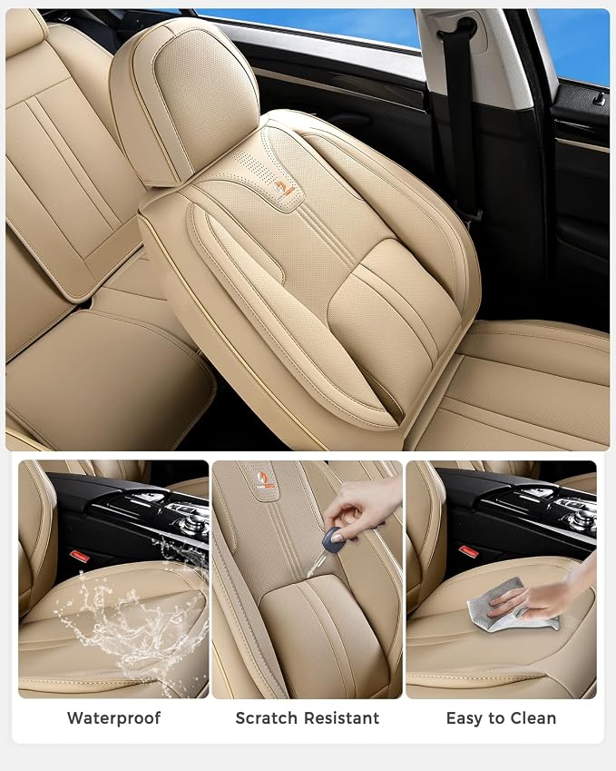 Huidasource Beige Front Seat Cover Luxury Nappa Leather, Front Car Seat Cover with Airbag, Front Storage Pocket, Lumbar Support, Cooling＆Heating, Universal Fit for Most Cars SUV Trucks, Beige