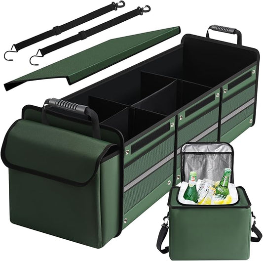 Snuopfy Car Trunk Organizer,115L Heavy Duty Collapsible Trunk Storage, with Insulated Leakproof Cooler Bag Vehicle Cargo Organizer with Lid, 3 Compartments, Straps For Car,Suv,Jeep,Sedan-Green