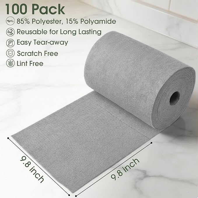 Microfiber Cleaning Cloth Roll - 100 Pack Tear Away Microfiber Paper Towels, Reusable, Washable, Scratch-Free, Kitchen Towels for Car, Home, Kitchen, Glass, Dishes(Cloud Gray)