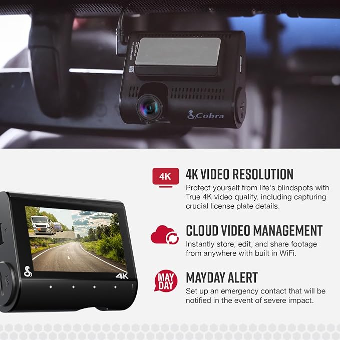 Cobra Smart Dual View Front and Rear Dash Cam (SC 250R) – True 4K Resolution, 360 Alerts, Parking Live View, Incident Reports, Emergency MayDay, 32 GB SD Card Included, CarPlay & Android Auto