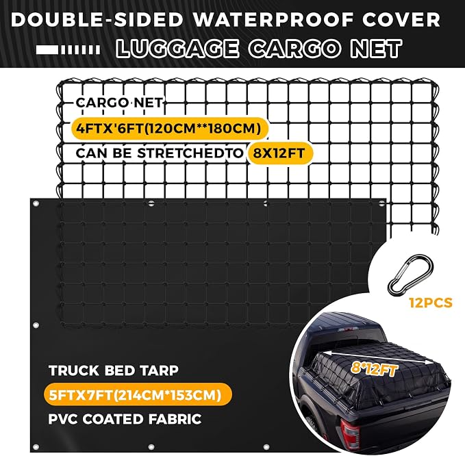 Breling 4 in 1 Cargo Net for Pickup Truck Bed 4'x6' Stretches to 8'x12' with Black Waterproof Pickup Truck Bed Tarp 5'x7' Heavy Duty Cargo Net Cover and Tie Down System 12 Clips 1 Bag for SUV Trailer
