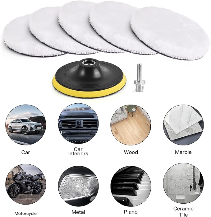 Kshineni 7 Pcs 6 Inch (150 mm) Wool Polishing Buffing Pad Car Polisher Buffer Drill Attachment with M14 Drill Adapter