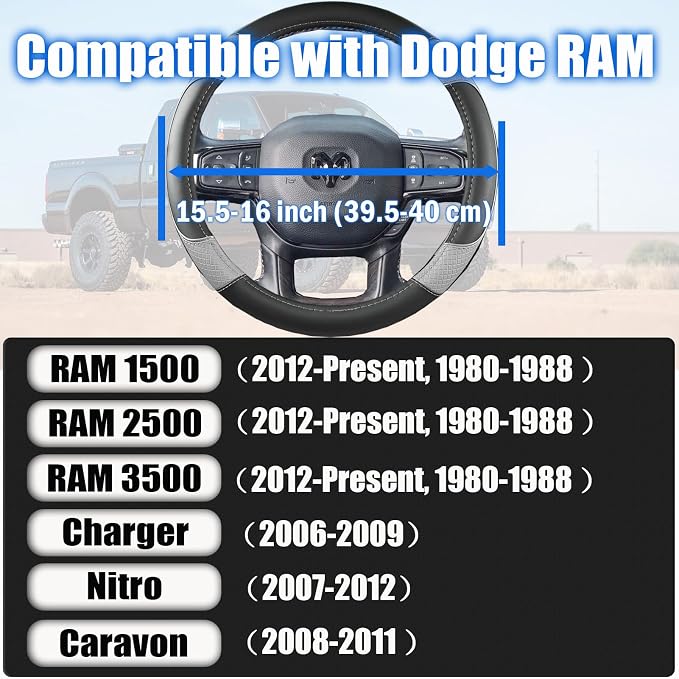 Steering Wheel Cover for Dodge RAM 1500, 2500, 3500 - Premium Microfiber Leather Auto Car Accessory with Non-Slip Grip, Rugged Durability & Interior Upgrade, 15.5-16 inch (Gray-Large Size)