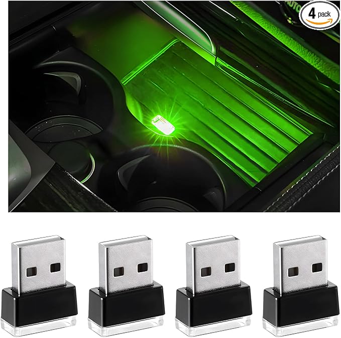 Yourkar 4 PCS USB LED Car Interior Atmosphere Lamp, Plug-in USB Interface Trunk Ambient Lighting Kit, Night Led Decoration Mini USB Light, Universal Interior Car Accessories (Green)