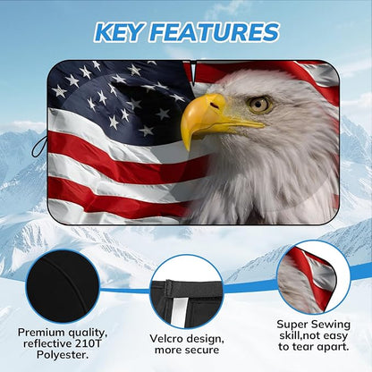 Windshield Sun Shade New American Eagle Flag USA Patriotic Design - Folding Car Front Window Sunshade for Cars SUV Trucks, Max UV Blocking and Keep The Vehicle Cool XL