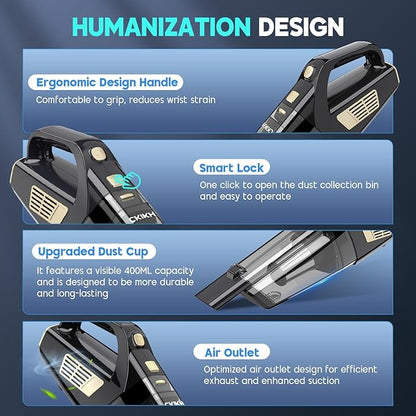 CKIKH Handheld Vacuum Cordless, 15000PA Strong Suction Hand Held Car Vacuum Cleaner Portable with Multi-Nozzles & Washable Filter, Lightweight Rechargeable Vacuum Cleaner for Home, Car, Office, Pets