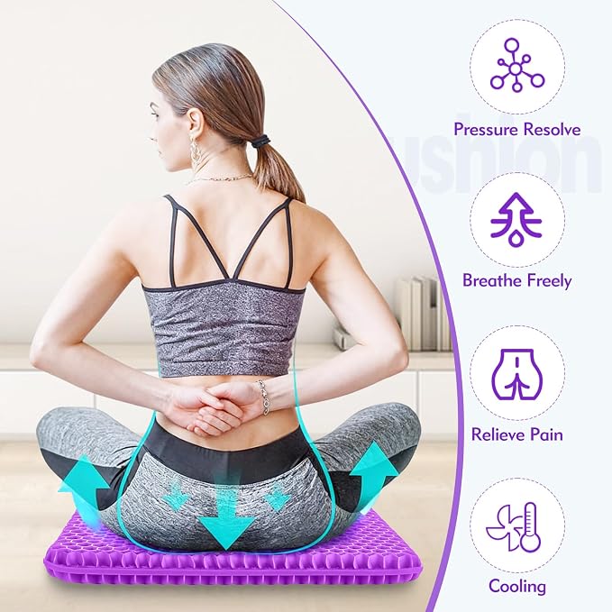 Plus Size Gel Cushion for Long Sitting, Breathable Honeycomb Pressure Relief Pad for Office Chair, Car & Wheelchair (Plus Size - Light purple-01)