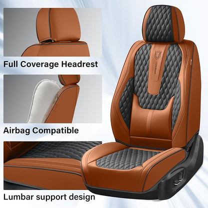 Coverado Front Seat Covers, Car Seat Covers Front Seats, Nappa Leather Seat Covers for Cars, Waterproof Seat Covers with Lumbar Support Universal Fit for Most Cars SUV Trucks (Front, Brown-Black)