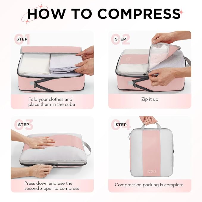 OlarHike 8 Set Compression Packing Cubes for Travel Essentials,Compressible Expandable Space Saver Bags for Organizing Clothes,Luggage Suitcase Garment Bags with Over 1000 pcs Mesh Holes(Pink)