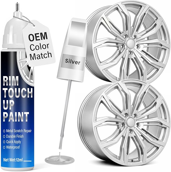 Silver Rim Touch Up Paint, 2-in-1 Brush & Tip, 0.4 fl oz - Universal Silver Rim Curb Rash Repair Kit for Scratches, Scuffs Alloy/Metal Wheels, OEM Color Match, Quick-Dry & Long-Lasting
