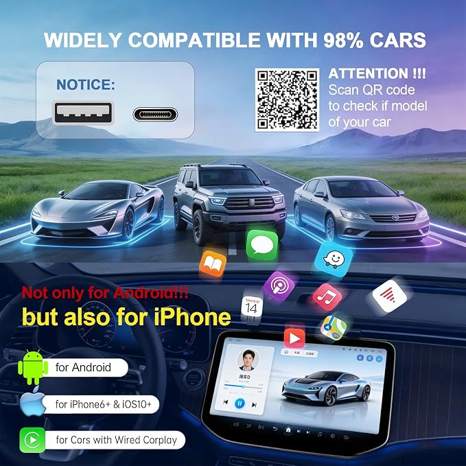 Wireless CarPlay Adapter for Apple iPhone iOS 10+Android Carlife: Plug and Play, Stable Connection Without delay-Wired to Wireless