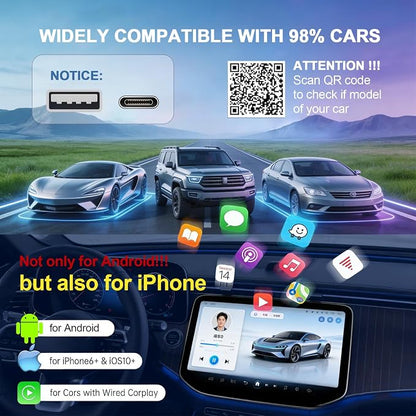 Wireless CarPlay Adapter for Apple iPhone iOS 10+Android Carlife: Plug and Play, Stable Connection Without delay-Wired to Wireless