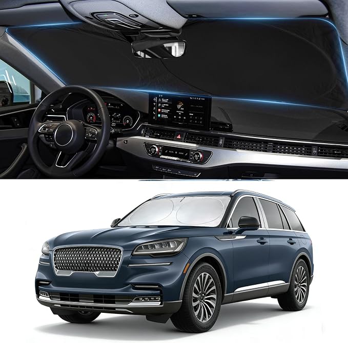 Windshield Sun Shade for Lincoln Aviator 2020-2025 2026, Custom-Fit Aviator Sun Visor Protector, 99% UV Block Heat Sun Shield, Silver Reflective Front Window Sunshade