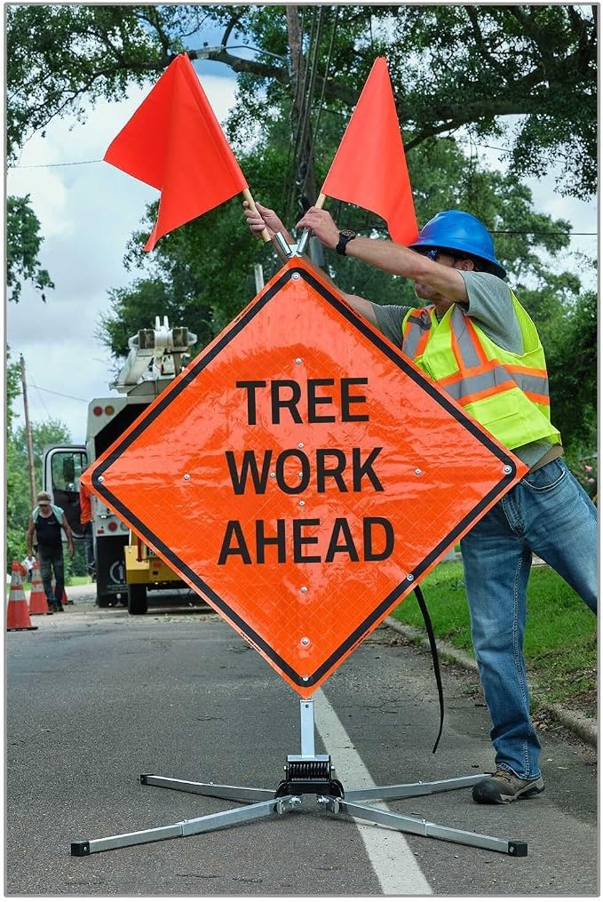 36 Inch "Tree Work Ahead" Fold & Roll Traffic Control Sign Kit – Roll-Up Work Zone Warning Sign with DynaFlex Stand, Stablock Holder & Warning Flags, MUTCD & NCHRP-350 Compliant