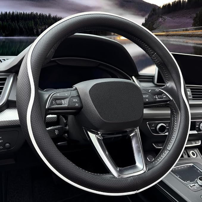 HAOTULE Leather Steering Wheel Cover， with Anti-Slip Stripe Design - Enhanced Grip, Fashion Style, Safe, Non-Slip, Breathable. Upgrade car Interior，Black White
