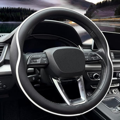 HAOTULE Leather Steering Wheel Cover， with Anti-Slip Stripe Design - Enhanced Grip, Fashion Style, Safe, Non-Slip, Breathable. Upgrade car Interior，Black White