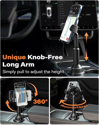 APPS2Car 15W Qi Wireless Car Charger Solid Cup Holder Mount, Adjustable Long Arm & 360° Rotation, Fits 3"–4" Round Cup Holders, Works with Cases ≤ 4 mm (No Metal Attachments)