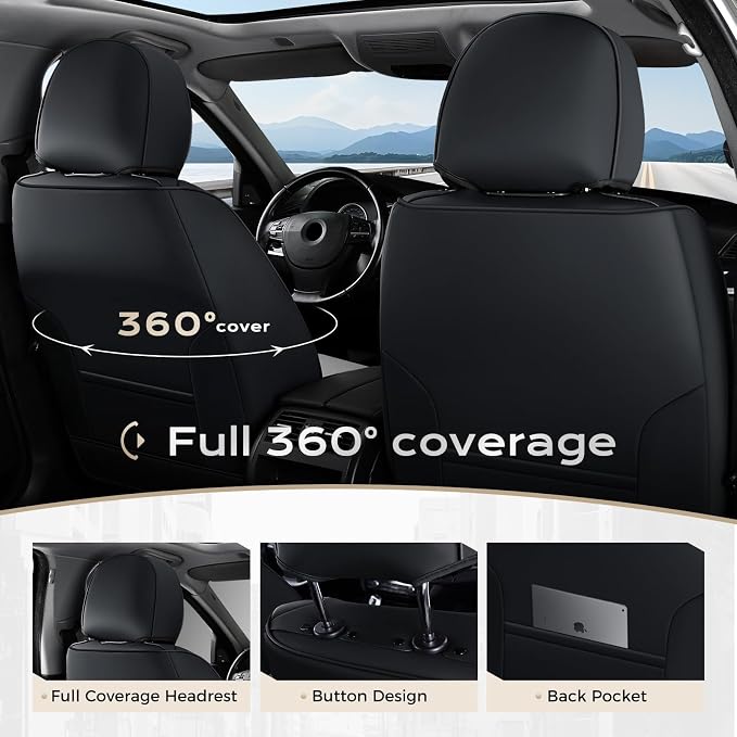 Coverado Car Seat Covers Full Set, Faux Leather Car Seat Covers for Cars, Car Seat Covers Front Seats and Back Car Seat Protector Waterproof, Car Seat Cushion Universal Fit for Most Cars, Black&Gray