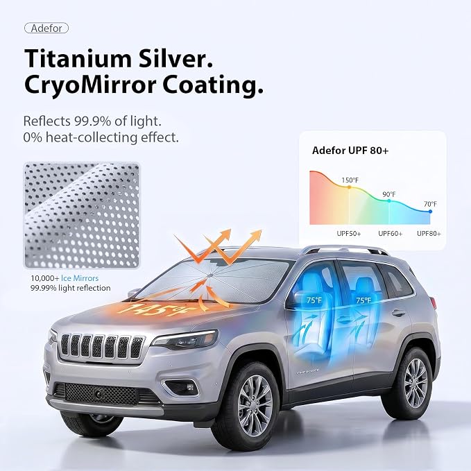 2026 Upgraded Windshield Sun Shade Umbrella for Jeep Cherokee [Precision Custom Fit, Superior UV & Heat Block] Cooling Tech Fabric, Durable Foldable with Storage Bag, Fits 2000-2001, 2014-2023