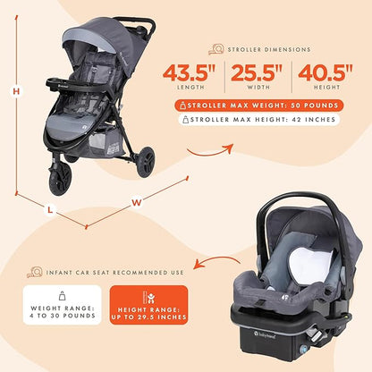 Baby Trend Passport Seasons Baby Stroller with EZ-Lift Infant Car Seat, Adjustable Canopy, Storage Basket & Cup Holders, Journey Black - Lightweight & Foldable Travel System for Toddlers & Infants