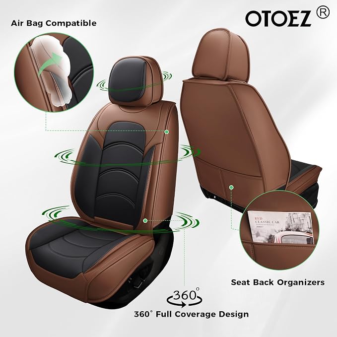 otoez Car Seat Covers Full Set, 5 Seats Waterproof Universal Leather Seat Cover for Cars, Front Rear Automotive Interior Protectors Full Coverage for Most Cars Sedens Trucks SUVs, Black+Brown