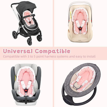 Infant Car Seat Insert with 2 Strap Pads, Carseat Cushion Baby Boy & Girl, Soft and Comfortable Carseat Head Support for Newborn, Pink Bow