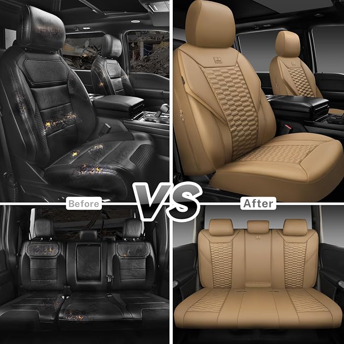 CAR PASS 3D Foam PU Leather Car Seat Covers Full Set,Tan Breathable Faux Leather Seat Covers for Car,Anti Slip Universal Fit for SUVs Vans Sedan Truck Automotive,Armrest Airbag Compatible All Beige