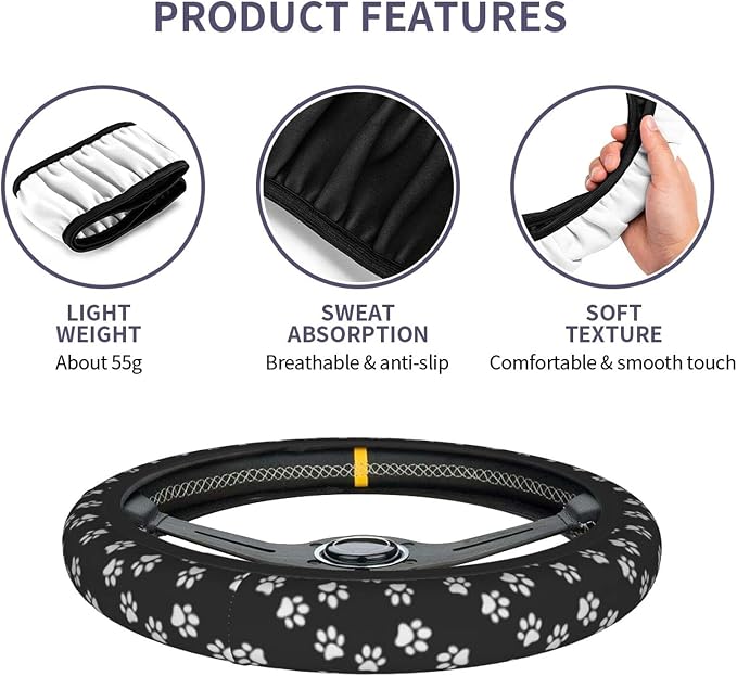Dog Cat Paw Print Steering Wheel Cover for Women 14 15 inch Universal Cute Car Steering Wheel Accessories Paw Print Breathable Steering Wheel Protector