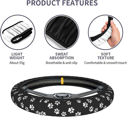 Dog Cat Paw Print Steering Wheel Cover for Women 14 15 inch Universal Cute Car Steering Wheel Accessories Paw Print Breathable Steering Wheel Protector