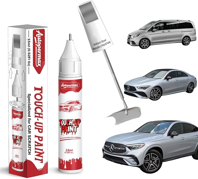 744/9744 Brilliant Silver Metallic Car Touch Up Paint for Mercedes-Benz, Color Accurate Two-In-One Car Paint Scratch Repair Pen for Vehicles Chips and Nicks Scuff