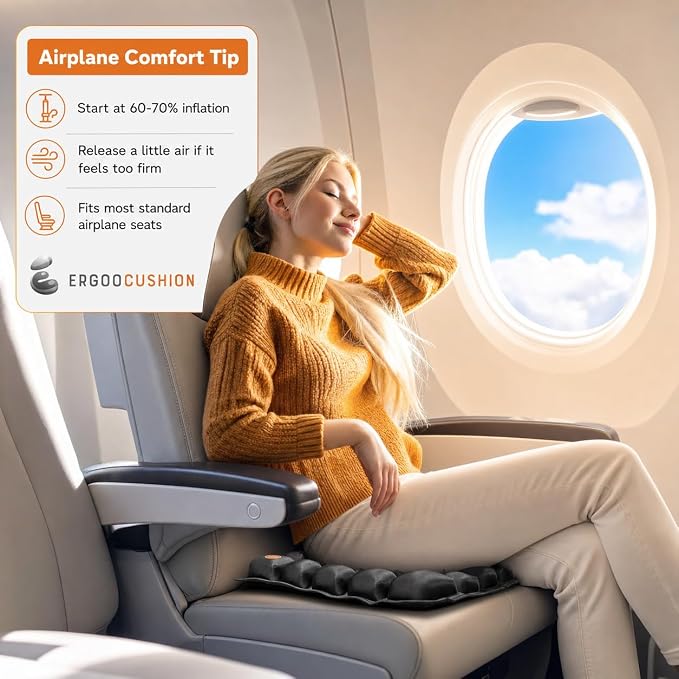 Inflatable Travel Seat Cushion with Built‑in Manual Pump, Adjustable Firmness & Compact Storage –Firm Support for Airplane, Car & Office Chairs, Large Generous Fit 18x16x2.1", Carry Bag Included
