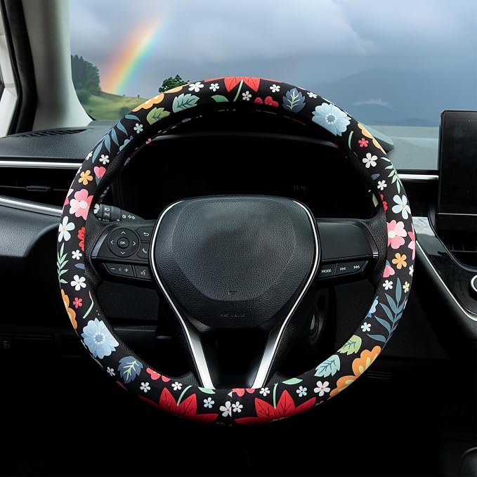Colorful Floral Flowers Steering Wheel Cover Auto Steering Wheel Protector, Anti-Slip, Breathable, Absorbing Sweat, Universal Floral Car Accessories 14.5–15 inch