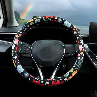 Colorful Floral Flowers Steering Wheel Cover Auto Steering Wheel Protector, Anti-Slip, Breathable, Absorbing Sweat, Universal Floral Car Accessories 14.5–15 inch