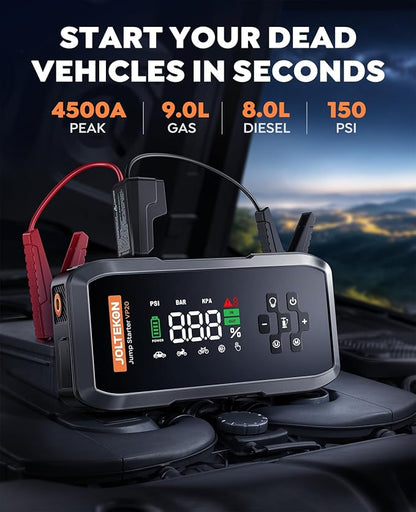 Car Battery Jump Starter with Air Compressor, 4500A Powerful Battery Jumper Starter Portable with 150PSI Auto-Pause Pump, 12V Jump Box for Car Battery with 10-Safety Protection(9L Gas/8L Diesel)