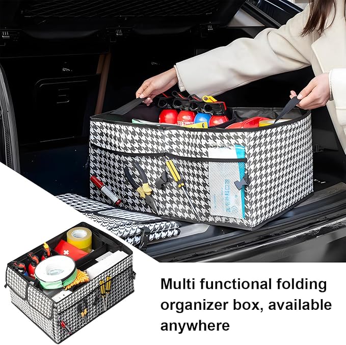 Mandark Car Trunk Organizer, Collapsible Multi Compartment Vehicle Storage Box, Waterproof Adjustable Automotive Organization Container Accessories, Universal for SUV, Sedan, Truck (Checkerboard)
