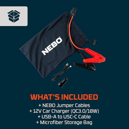 NEBO 1500A Jump Starter | 1500 Peak Amp Car Jump Starter, 29.9Wh Portable Battery Booster Pack for 12V Vehicles, Spark-Proof, USB-C Power Bank, Rechargeable, LED Emergency Light, 3-in-1 Roadside Kit