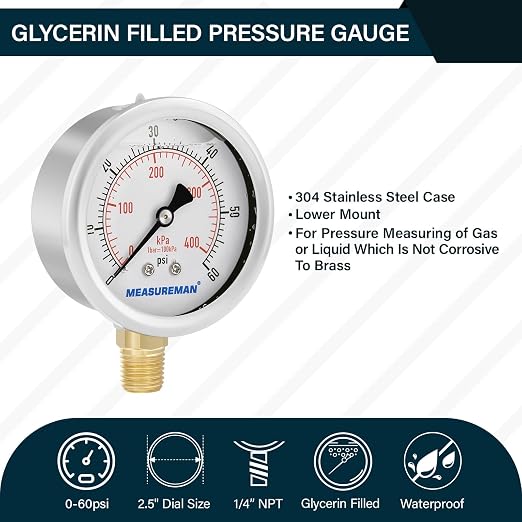 MEASUREMAN 2-1/2inch Dial Size, Liquid Filled Pressure Gauge, 0-60psi/kpa, 304 Stainless Steel Case, 1/4inNPT Lower Mount