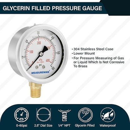 MEASUREMAN 2-1/2inch Dial Size, Liquid Filled Pressure Gauge, 0-60psi/kpa, 304 Stainless Steel Case, 1/4inNPT Lower Mount