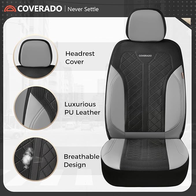 Coverado Leather Car Seat Cover for 2 Seats Front Seat Covers Waterproof Seat Covers 2-Pack Luxury Car Seat Protectors Universal Fit for Most Vehicles, SUV, Truck, Sedan