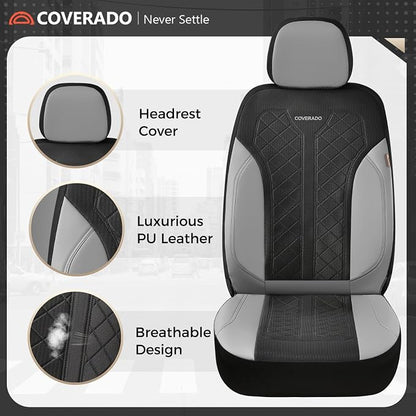 Coverado Leather Car Seat Cover for 2 Seats Front Seat Covers Waterproof Seat Covers 2-Pack Luxury Car Seat Protectors Universal Fit for Most Vehicles, SUV, Truck, Sedan