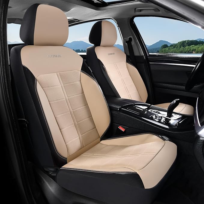 Coverado Seat Cover, Car Seat Cover Front Seats, 3D Air Mesh Breathable Seat Protectors Sports Carbon Fiber Design Airbag Compatible Comfort Universal for Most Cars, Van,Trucks, SUV, Beige